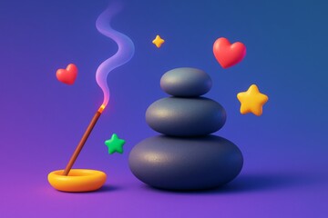 Wall Mural - Zen stones with incense stick and floating hearts and stars on a blue-purple background depicting peace and love in abstract style. Ai generative
