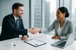 © Who is Danny - Business professionals shaking hands across a desk in modern office, symbolizing partnership and agreement in bright corporate setting. Ai generative