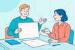© Pixels Hunter - Two people discussing blank paper sheet in modern office setting with clean blue background during creative meeting or branding presentation. Ai generative