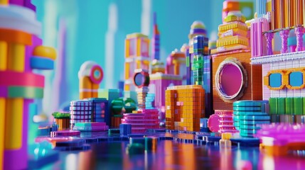 Sticker - Vibrant and colorful futuristic cityscape design. This digital artwork features a playful combination of geometric shapes and bright hues. Explore creativity in urban design. Generative AI