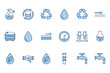 © Lennies - Water management icon pack. Line symbols for purification, quality test, recycling, conservation, plumbing, filtration, pressure, eco friendly liquid. Clean aqua resource vector set.