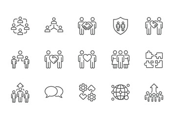 Teamwork collaboration line icon set. Metaphor for business partnership, community, communication, HR. Concept of social connection, relationship, growth, puzzle, global team.