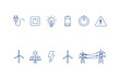© Jane - Power and energy vector line icon set. Electricity symbols. Renewable, green energy concept. Solar panel, wind turbine, power grid, battery, plug, light bulb, voltage sign.