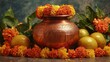 © ai_artist - Traditional copper pot surrounded by marigold garlands and fruit, a symbol of prosperity and good fortune