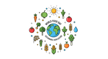  Illustration of World Food Day with the Earth at the center surrounded by various fruits and vegetables, symbolizing sustainable agriculture.