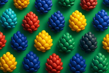 Wall Mural - Abstract colorful pine cone shapes arranged in seamless geometric pattern on vibrant green background with soft light and playful design aesthetic. Ai generative