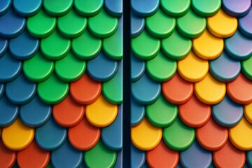 Wall Mural - Colorful overlapping circular tiles with rainbow gradient pattern and smooth texture forming a symmetrical abstract background concept design. Ai generative