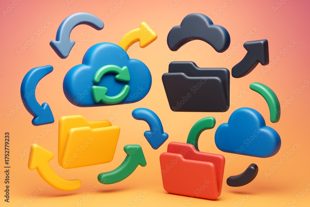 Colorful cloud and folder icons with arrows showing data ...