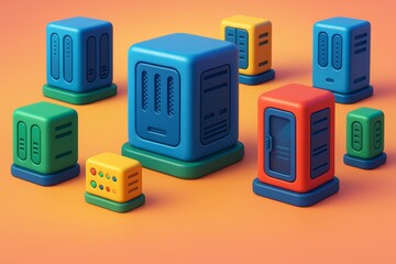 Wall Mural - Colorful stylized technology server blocks on gradient background representing modern digital data infrastructure concept in minimalist design. Ai generative