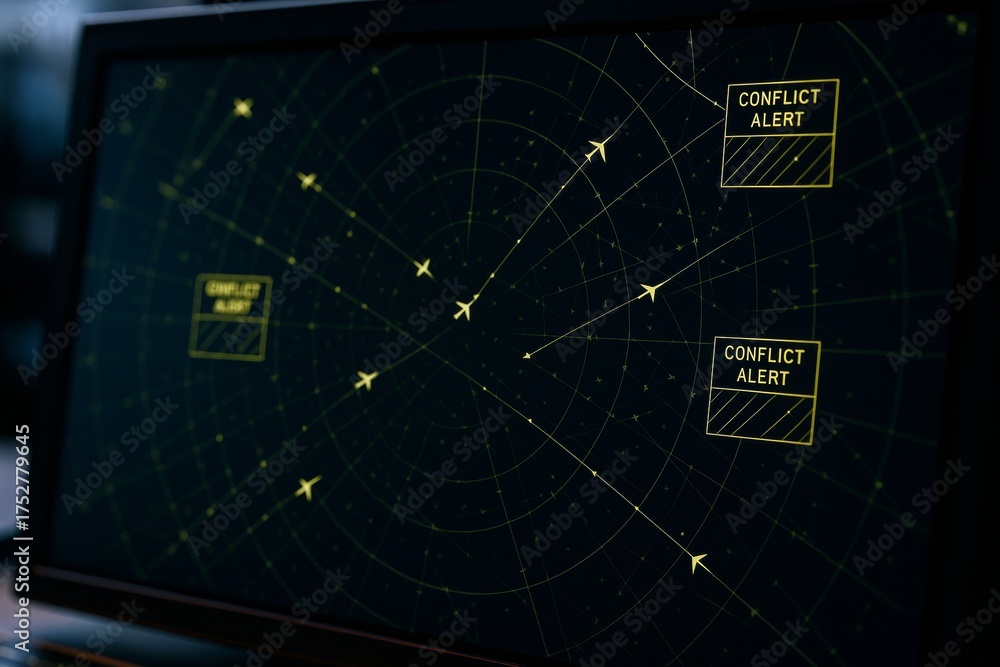 Air traffic radar screen showing multiple aircraft positions with ...