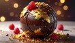 © Ardi - A spherical dessert, resembling a globe, with chocolate, gold flakes, and raspberries