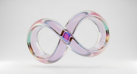Wall Mural - A transparent infinity symbol with iridescent reflections floating in a white space, creating a modern and ethereal visual effect isolated on white background