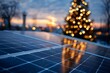 © Rifqi - Solar panels with Christmas tree bokeh at dusk, capturing reflections of festive lights on the panel surface. Concept for sustainable holidays, renewable energy celebration and green technology