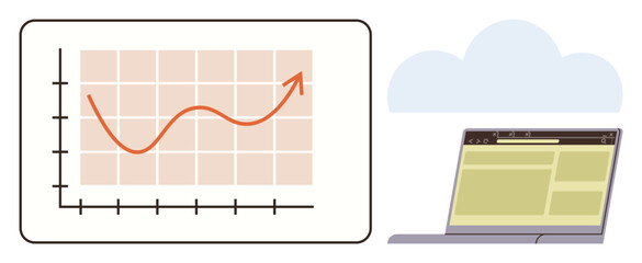 Graph with upward trend, laptop with dashboards, and cloud representing data analysis, technology, cloud computing, business growth, digital marketing, trends, and flat metaphor for innovation