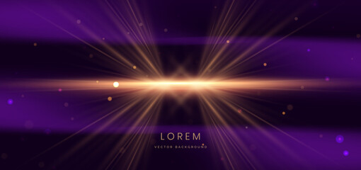 Wall Mural - Abstract glowing gold lighting ray on dark purple  background with lighting effect and sparkle with copy space for text.
