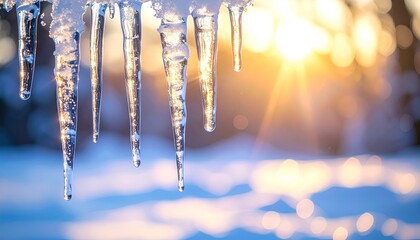 Wall Mural - Glimmering icicles hang from a snowy edge, illuminated by a warm sunset in a serene winter landscape