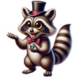 © C-Kav - Playful raccoon masked bandit standing on hind legs, digital illustration, mischievous forest animal cartoon