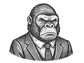 Wall Mural - gorilla businessman dressed in a formal suit and tie, sketch engraving generative ai fictional character vector illustration. Scratch board imitation. Black and white image.