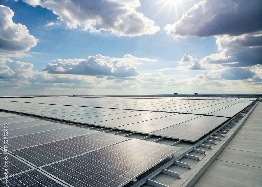 Extensive rooftop solar panel array under a bright cloudy blue sky ...