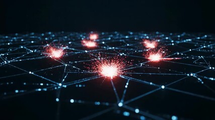 Wall Mural - Digital network grid with data flow developing into breaking particles. Abstract visualization of information processing and cyberattack.