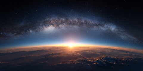 Wall Mural - Stunning dawn over Earth with vibrant sunlight illuminating the horizon beneath a breathtaking Milky Way galaxy in a star-filled night sky