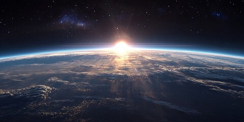 Wall Mural - Majestic View of Earths Horizon from Space with Bright Sunlight and Stars Creating a Spectacular Cosmic Scene