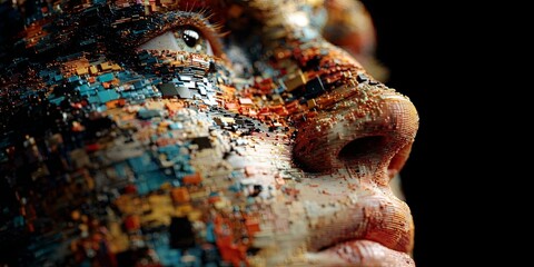 Wall Mural - Digital Human Face Transformation Depicted Through Abstract Pixelated Art and Vivid Fragmentation Against a Dark Background