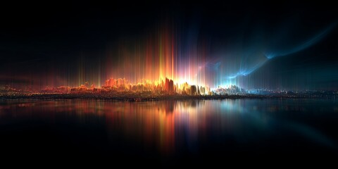 Wall Mural - Abstract futuristic landscape with glowing lines and luminous vertical peaks in vibrant colors against a dark background