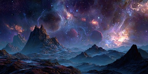 Wall Mural - Stunning Outer Space Artwork Featuring Planets, Cosmic Clouds, and Stellar Light in a Vivid Galaxy Scene with Dark Rocky Formations
