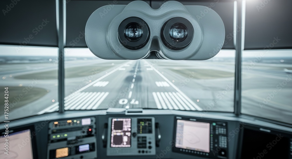 Pilot s view from cockpit looking down runway with binoculars overhead ...