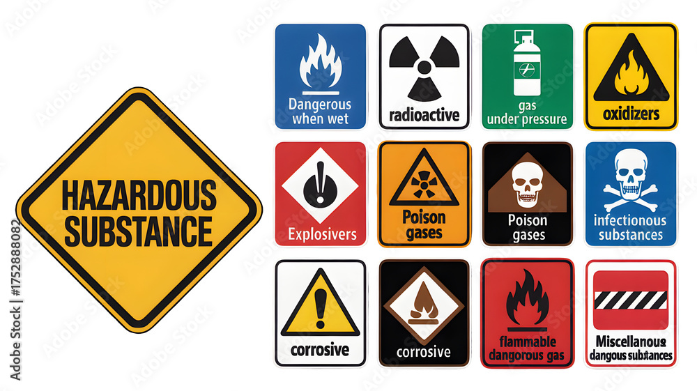 Safety warning symbols show hazardous substances, radioactive materials ...