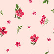 © Yulya i Kot - Seamless floral pattern, liberty ditsy print with red flowers in folk, rustic motif. Simple botanical design of small hand drawn flowers, green leaves in abstract composition on pink. Vector.
