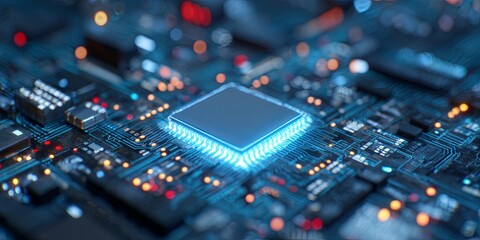 Wall Mural - Close-up View of a Microprocessor Surrounded by Circuit Patterns and Blue Glow in Technology Concept for Modern Electronics and Digital Innovation