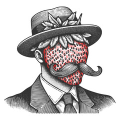 Wall Mural - gentleman in classic clothing with a large strawberry humorously replacing his entire face sketch engraving generative ai fictional character raster illustration. Scratch board. Black and white image.