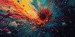 © Constantine Art - Dynamic cosmic explosion with vibrant paint splatters and swirling planetoids, radiating intense energy from a dark central void, symbolizing galactic chaos and creation.