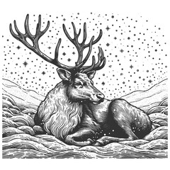 Wall Mural - two reindeer with large antlers lying in the snow, symbolizing winter, wildlife, and Christmas tradition sketch engraving generative ai raster illustration. Scratch board imitation. Black and white.