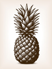 Wall Mural - whole pineapple with textured skin and spiky leaves, symbolizing tropical fruit, exotic food, and freshness sketch engraving generative ai raster illustration. Scratch board. Black and white image.