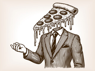 Wall Mural -  man in a suit with a melting pepperoni pizza slice as his head, surreal food art concept sketch engraving generative ai fictional character raster illustration. Scratch board. Black and white image.
