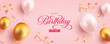 © AmazeinDesign - Birthday greeting vector banner design. Happy birthday greeting text with metallic gold white balloons and confetti elements in pink background for birthday party celebration. Vector illustration