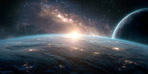 Wall Mural - Stunning cosmic landscape with vibrant planetary view, glowing starburst, and celestial atmosphere in deep space scene