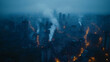 © NAJLA - Misty cityscape with illuminated streets and rising smoke plumes