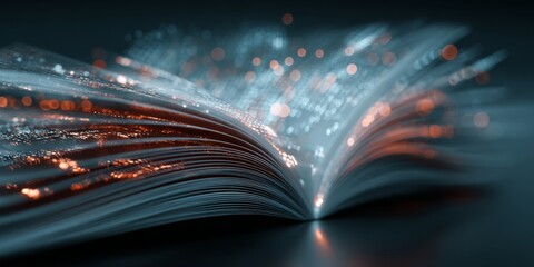 Wall Mural - Open book with digital data streams emerging, representing knowledge, technology, and information in a creative and modern concept of learning and innovation