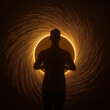© faisal - Faceless figure surrounded by golden light streaks forming circular pattern, long exposure emphasizing motion and balance, soft warm tone blending into dark background, concept of