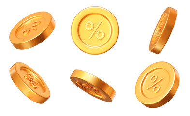 Wall Mural - 3D set golden coins with percent sign. Round discount icon with different angles.  Stock vector illustration on isolated background.	

