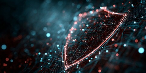 Wall Mural - Futuristic Digital Shield with Data Lines and Glowing Particles for Cybersecurity Conceptual Illustration