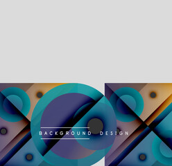 Wall Mural - Abstract geometric shapes overlap, creating dynamic visual effect. Blue, purple, gold tones dominate design. Modern aesthetic.
