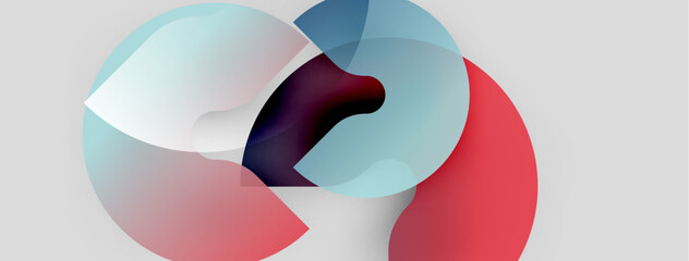 Poster - Abstract composition. Overlapping circles create dynamic visual effect. Colors include red, blue, light blue, dark purple. Minimalist design.