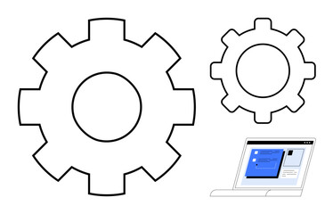 Wall Mural - Two interconnected gear graphics and a laptop screen showing a webpage. Ideal for teamwork, workflow, innovation, technology, productivity, process management, and optimization. Simple flat metaphor