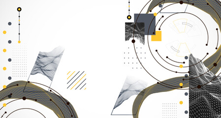 Wall Mural - Minimal abstract composition with wireframe waves, geometric shapes, dots, and lines.