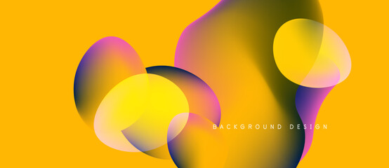 Wall Mural - Abstract vibrant shapes overlap yellow backdrop. Fluid forms create dynamic visual experience. Modern design element.